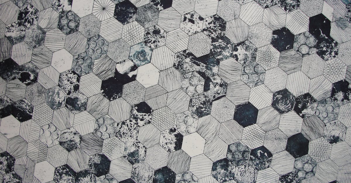 Abstract black and white hexagonal pattern with textured and geometric designs, ideal for backgrounds.