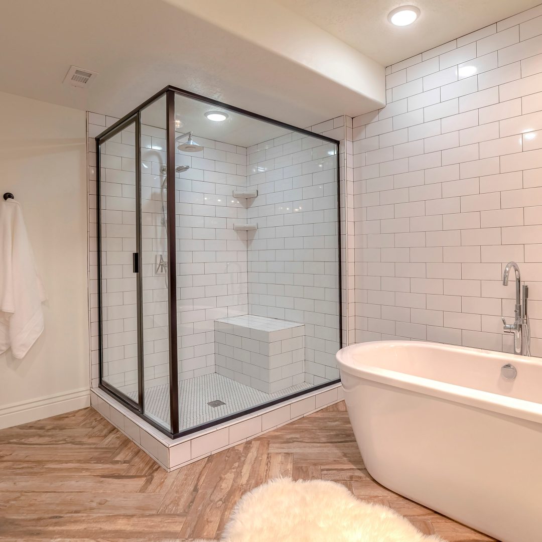 Square frame Contemporary bathroom with free standing bath tub. A contemporary home bathroom with a free standing bath tub.